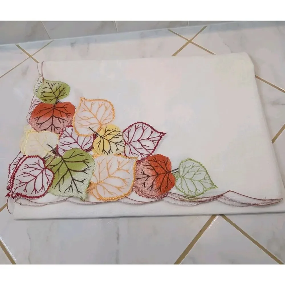 Evermaple Cream Embroidered Fall Leaves Tablecloth 60x84 Rectangular Cutwork
